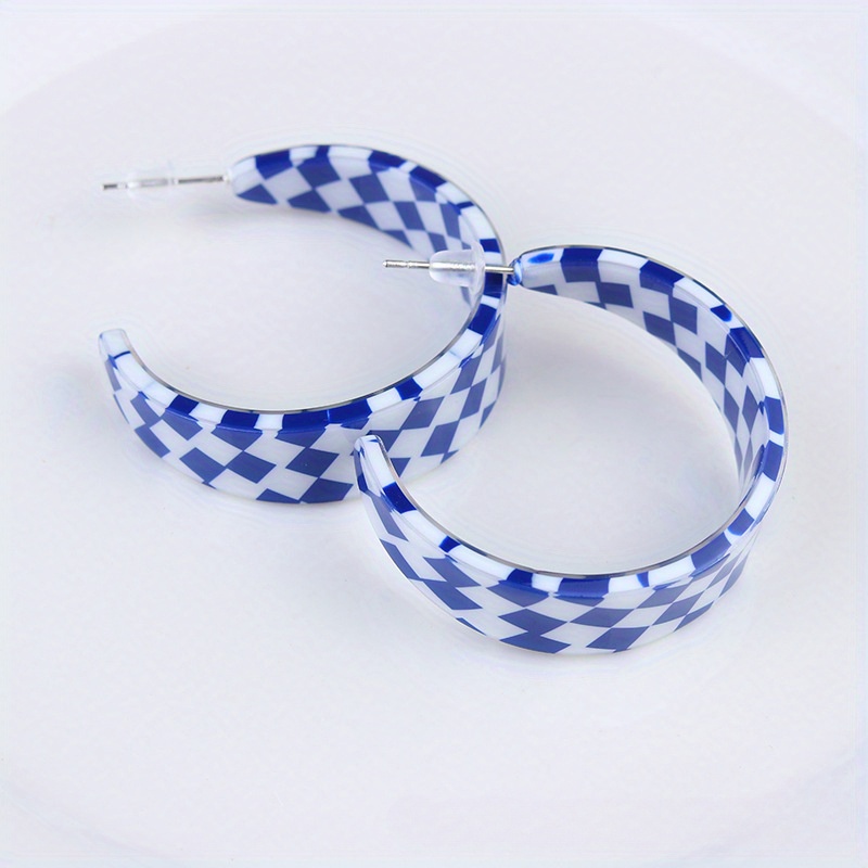 Vintage Boho Checkerboard C Hoop Earrings Stainless Steel Acrylic Posts